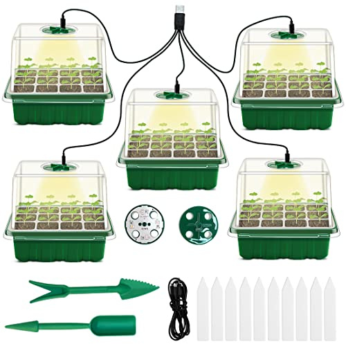 Seed Starter Tray with Grow Light, 10 Packs Plant Starter Tray Seedling Starter Kit with Humidity Domes Base Indoor Greenhouse Mini Propagator Station for Seeds Growing Starting (12 Cells per Tray)