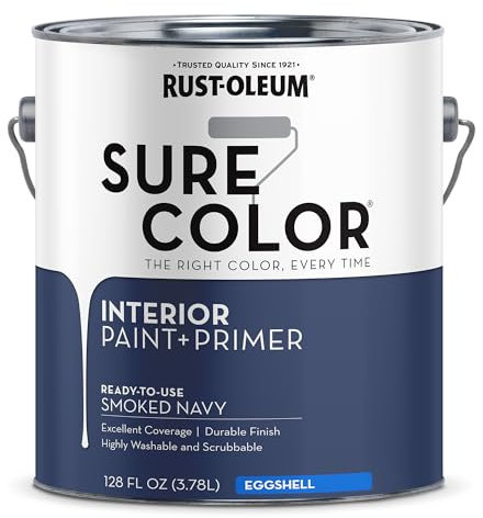 Rust-Oleum Sure Color Eggshell Interior Wall Paint + Primer – Popular Low-Luster Finish for Bedrooms, Living & Dining Rooms – Durable, Washable, Ready-to-Use, Smoked Navy, 3.78 Litre