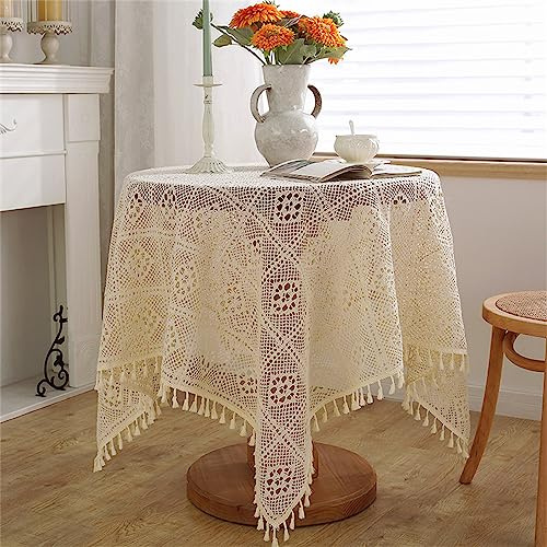 Tovaglia quadrata in pizzo all'uncinetto, color avorio, con nappe, 120 x 120 cm, color crema, vintage, country, misto cotone, tovaglia in pizzo per tavolo da tè, caffè, feste e matrimoni, 119,4 x
