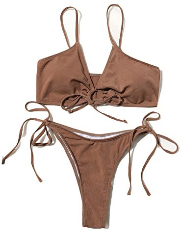 Meetall Damen-Bikini-Set mit hohem Schnitt, String, Triangel-Bikini-Set, Badeanzüge, sexy freche, brasilianische Badeanzüge, 2-teilig, Braun, XL