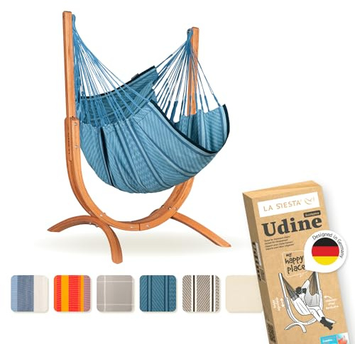 LA SIESTA Udine Hängstol i ekologisk bomull med träram, handgjord, rivtålig, mjuk hängstol med ram inomhus, FSC-certifierat eukalyptus-stativ för balkong och trädgård, blå zebra