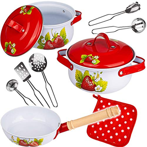 alles-meine.de GmbH 11 TLG. großes Set Kochset & Topfset - Puppengeschirr/Kochtopfset - Erdbeere - aus Metall/Emaille - echte Blech Töpfe/Panne + Küchenhelfer - Kochgesch..