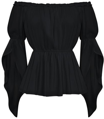 Scarlet Darkness Renaissance Shirt Women Plus Size Peasant Tops Trumpet Sleeve Dirndl Blouse Black S