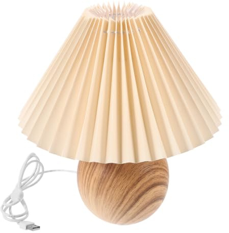 Uonlytech Lampe De Table De Chevet En Bois Avec Abat-Jour En Tissu Plissé Abat-Jour En Forme De Tonneau Lampe De Bureau Avec Chargeur Usb Veilleuse LED Pour Table De Nuit