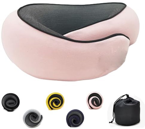 Lecxin Three-piece Adjustable Travel Neck Pillow Made of Memory Foam Cotton Neck Support Pillow, Foldable U-shaped Snap Neck Pillow, Practical Ergonomic Travel Pillow ，pink