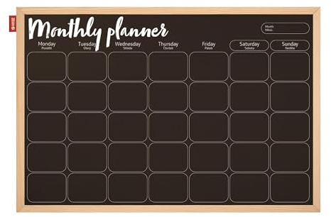 Memobe - Kreidetafel Schwarz - Monatsplaner - in Rahmen aus Holz - Tafel für Wohnung, Küche, Büro, Schule - Wandplaner - Schreibtafel - Organisationstafel Wand - 60x40 cm