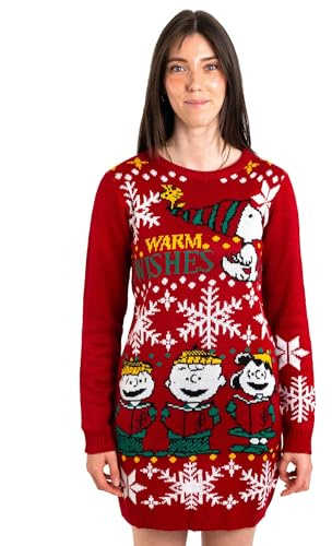 United Labels Snoopy stickad klänning, varm önskningar, röd, vinterklänning för kvinnor, klänning långärmad, julklänning, röd, XL