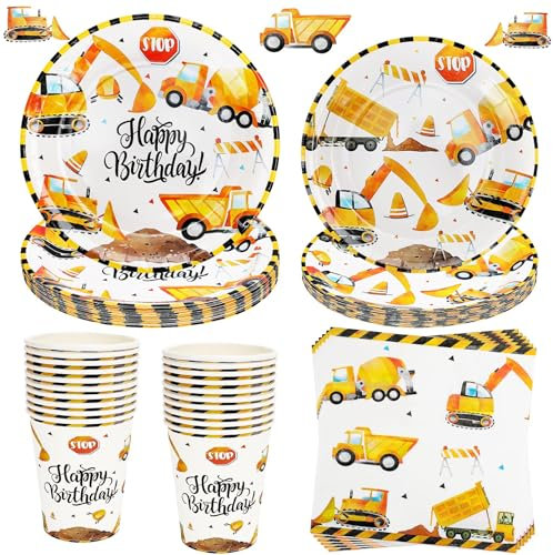 CSYY Stoviglie Compleanno Cantiere, 80 Pezzi per 20 Ospiti Tazze Tovaglioli per Decorazione Compleanno Cantiere per Ragazzi Ragazze Bambini
