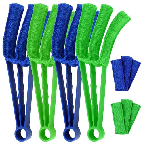 4 plumeros para persianas y radiadores, cepillos de limpieza con funda de microfibra (verde y azul)
