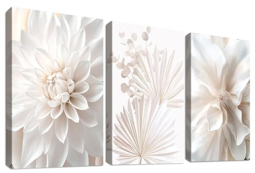 3Pcs Weißer Lotus Pfingstrose Palmblätter Mit Rahmen Leinwand Bilder Boho Minimalistische Blume Bild auf Leinwand Malerei Wandbilder Wohnzimmer Schlafzimmer Badezimmer Wanddeko 120x60cm (16x24x3)