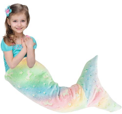 Meerjungfrau Decke Mädchen 100 * 50cm Meerjungfrauenflosse Mädchen Flanell 100% Polyester Flosse Meerjungfrau Kinder Leuchtend Muster Kuscheldecke Kinder Flosse Meerjungfrau Flossen für Mädchen