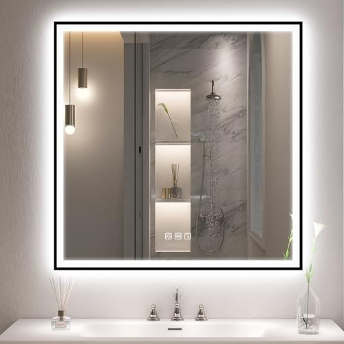 S'bagno Bluetooth-Badspiegel-mit-Beleuchtung 80x80cm, Schwarzem Eisenrahmen | LED Badezimmerspiegel mit Beschlagfrei/Gehärtetes Glas/ 3 Lichtfarben/Dimmbar, IP44 Badezimmer Spiegel