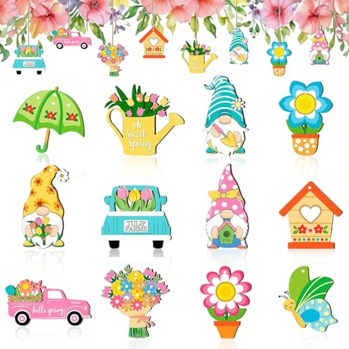 LUYANFX 12 Stück Holzanhänger Frühling, Holzanhänger Blumen, Wichtel Holz Anhänger, Frühlingsdeko Holz Bunt, Frühlings Deko für Ostern Heimdekoration (Gelb)