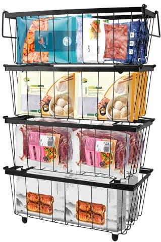 Gefrierschrank Organizer, Stapelbare Gefrierkörbe Behälter, Gefriergut Sortieren Organizer, Draht Aufbewahrungskörbe für 5-7 Cu.FT Gefrierschrank (4 Stück schwarz)