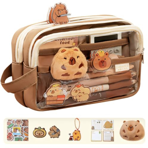 FENQURO Capybara Federmäppchen Transparent mit Fächern, Breite Öffnung für Schreibwaren, Kosmetik und Toilettenartikel, Mehrfarbig