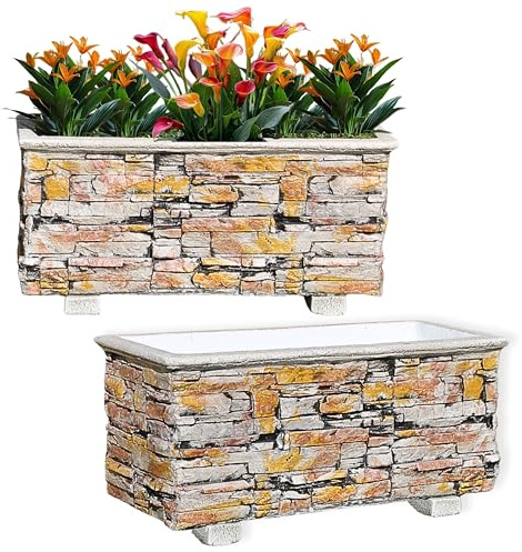 Garden Pley - Jardinera Exterior de Lajas, Hormigón 90x42x39, Vintage X2 | Maceteros grandes exterior y jardineras exteriores grandes; jardinera rectangular exterior de hormigón