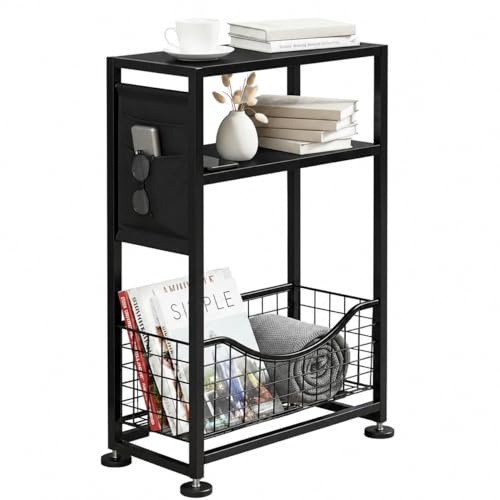 ZEXVIDA Narrow Side Table, 3-Tier Slim End Table with Magazine Holder and Fabric Storage, Modern Sofa Thin Skinny Bedside Table Nightstand for Small Spaces, Living Room, Bedroom (Black)