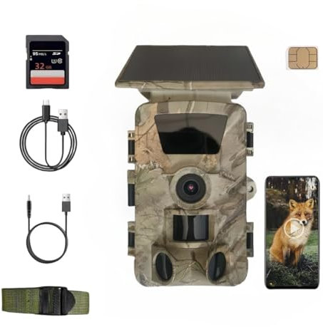 5K Wildkamera mit 4G LTE & Solar, Echtzeit-Handyübertragung via App, Super-Infrarot-Nachtsicht, 5200mAh Akku, 32GB SD-Karte, IP67 – Wildtierkamera mit SIM-Karte, Bewegungsmelder und Solaraufladung