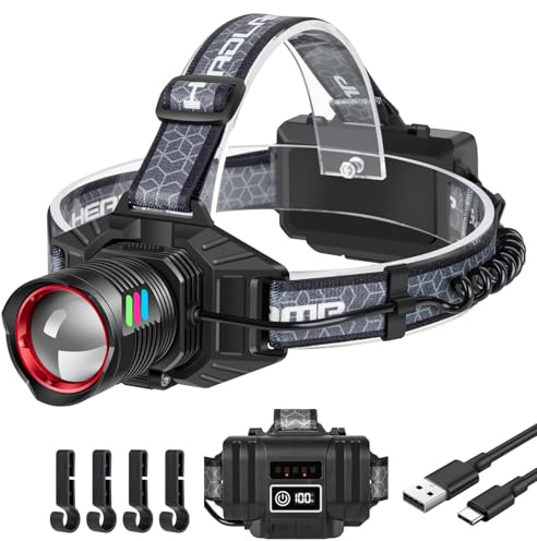 PEAKRO Torcia Frontale LED Ricaricabile, 90000 Lumen Lampada Frontale con 3 Modalità e Luce Avviso, Torcia da Testa Zoomabile e Regolabile, IPX7 Impermeabile per Outdoor Pesca Trekking