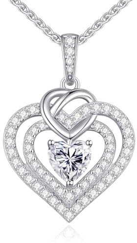 Kette Damen Moissanite Halskette Damen Silber 925, Doppel Herz VVS1 Reinheit D Farbe, Frauen Schmuck Geburtstags Geschenk für Sie Freundin Weihnachten Valentinstag Muttertags (1 Karat Weiß Vergoldet3)