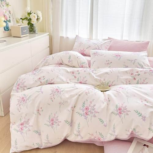 Michorinee 100% Cotton Floral Double Duvet Cover Set Pink Flowers Bedding | Chic Flower Pattern, White and Pink, Reversible, Quilt Cover 200x200 with 2 Pillow Cases 50x75 cm, for Double Bed