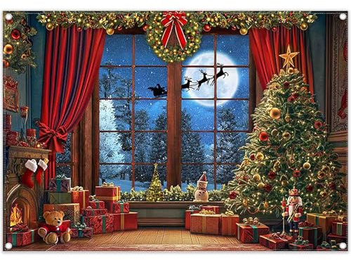 Luminora 2,4 x 1,8 m Feliz Navidad Piso Ventana Luna Reno Fondo Árbol de Navidad Santa Claus Cortinas Rojas Fondo Decoraciones Navideñas Fiesta Foto Banner