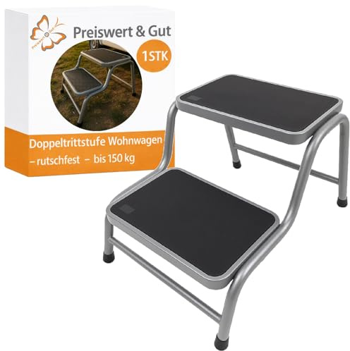 Doppeltrittstufe Wohnwagen Stahl rutschfest 2 Stufen 20-38 cm 150 kg