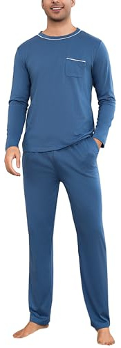 Litherday Pijama Hombre Invierno Algodón Conjunto de Pijama Hombre Manga Larga Camiseta con Bolsillos y Largo Pantalones de Pijama