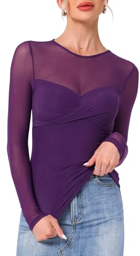 Allegra K Hauts Femmes en Maille Transparente, Manches Longues, Col Ras du Cou, Double Épaisseur, Blouse Sexy pour Costume de Noël Violet foncé XL