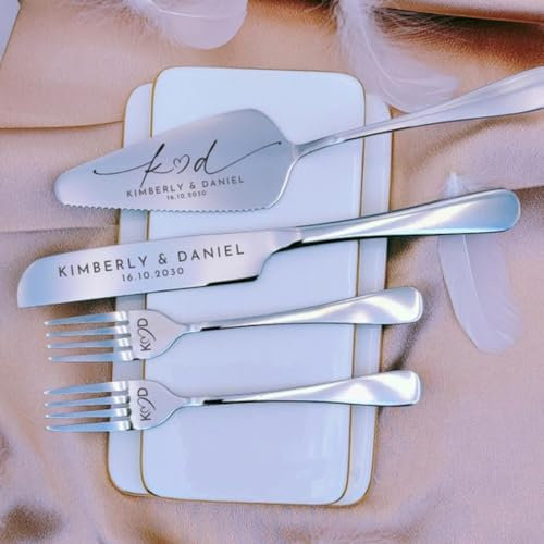 Personalized Cake Cutting Serving, Engraved Knife Server Forks,Custom Engraved Cake Cutter Cutting Serving Set (2)