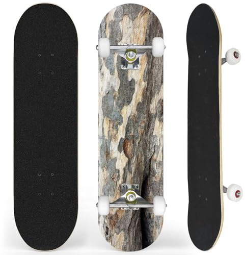 Complete Blank Skateboard with Bark Sycamore Tree Trunk Beginner Skateboard 7-Layer Maple Wood Double Kick Concave Skateboards for Kids, Adults, Teens 31 x 8