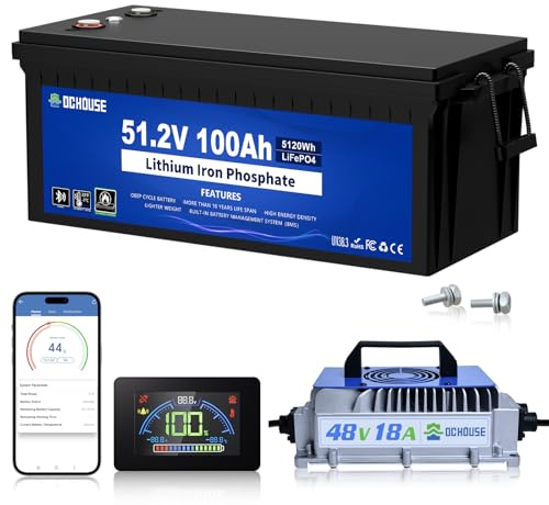 DCHOUSE 48V 100Ah Lithium Golf Cart Battery with 48V 18A Batteries Charger | Built-in Smart 200A BMS, LCD Monitor & Mobile APP, Peak Current 700A(ABS Case) , Perfect for Golf Carts, Solar Systems, RVs
