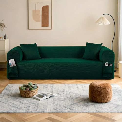 BMMB Moderno divano a tre posti (83 pollici), divano da soggiorno senza cornice, con 2 cuscini e 2 pouf, nessun montaggio richiesto, adatto per soggiorno o camera da letto (verde)