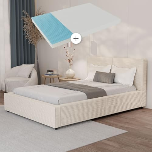 Juskys Polsterbett Salerno 140 x 200 cm mit Matratze – Cord Beige, modernes Bett mit Kopf- & Fußteil, stabilem Holz- & Metallrahmen, Lattenrost, 500 kg Tragkraft