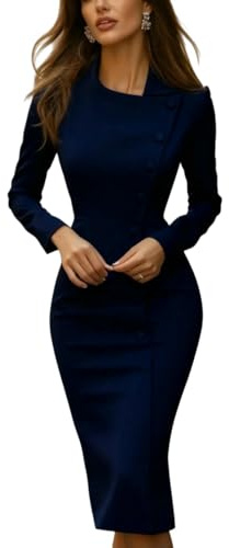 Fryloo Vestito Abito Midi da Donna A Maniche Lunghe con Bottoni, Elegante Tubino Slim Fit per Abbigliamento Casual Ufficio, Lavoro E Lavoro-Blu Marino-s