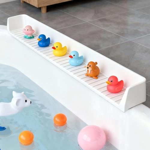 Dreamtop Protector contra salpicaduras para bañera, estante de juego de 2.6 pies para baño, bandeja de juguetes para bañera, protector de salpicaduras de silicona para evitar derrames de agua en el