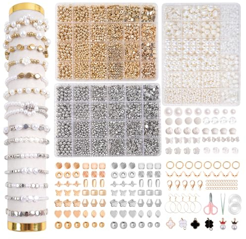 OIOYCLG Selber Machen Beads 3-kits Perlen für Armbänder, Weiße Perle Schmuckherstellungs,Gold/Silber/Perlen Set zum Auffädeln Kit – DIY Geschenk für Mädchen & Muttertag, Hochzeit, Party, Basteln