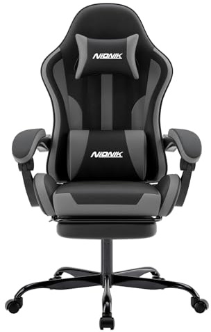 NIONIK Bürostuhl Gaming Stuhl, Gamer Stuhls Computerstuhl mit Fußstütze, Gepolstert Gaming Chair,Gaming Sessel für Erwachsene, Drehsessel Schwarz Schwarz Grau | Gepolstert Gaming Chair,Gaming Sessel für Erwachsene, Drehsessel Schwarz Grau