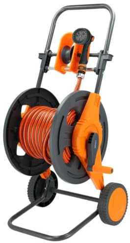 Schmith - Schlauchwagen mit Schlauch, Wasserpistole, Gartenschlauch 25m, Schnellkupplungen, für Garten, Rasen, Einstellbarer Sprühpistole, Schlauchaufroller mit Schlauchführung, Komplettset