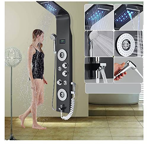 Digitalt duschsystem, Svart LED-duschpanel Sex funktioner Vattenfall duschpanel Badrumskran Badrum SPA Massage Jet Badkar Mixer Massagespruta LED-display duschkontroll(8006 Black)