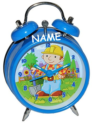 alles-meine.de GmbH Kinderwecker Bob der Baumeister incl. Namen - für Kinder Metall Wecker Analog - Alarm Kinderwecker Metallwecker - Baustelle Jungen Baufahrzeuge blau