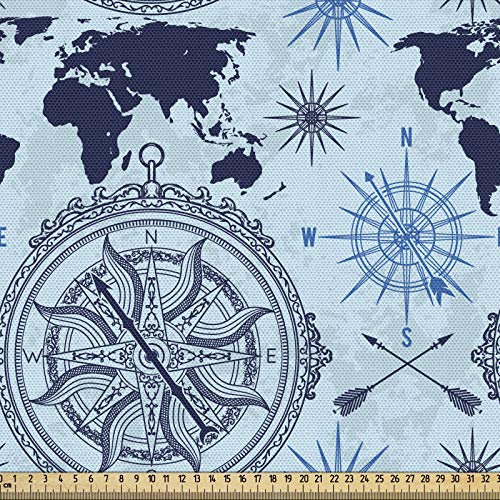 ABAKUHAUS Kompass Gewebe als Meterware, Weltkarte-Pfeil-Muster, Schön Gewebten Stoff für Polster und Wohnaccessoires, 1M (148x100cm), Hellblau Indigo