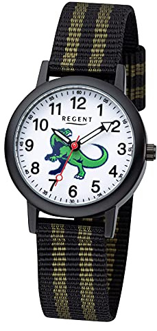Regent Kinder Armbanduhr aus Edelstahl und Stoff in der Farbe Schwarz-Weiß mit Dinosaurier-Motiv 29mm, Wasserdichtigkeit: 3Bar, 12400306