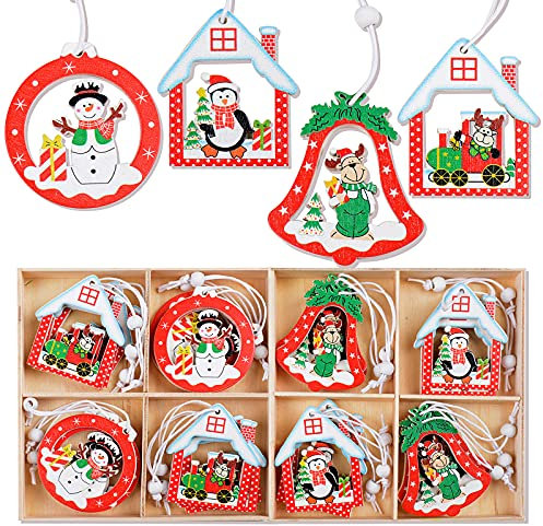 24 pz Ciondoli Pendenti Natalizi in Legno Decorazione per Albero di Natale Ornamenti da Appendere 4 Stili con 2pz Scatole Decorativi Addobbi Festa