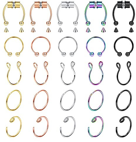YADOCA 25 Stück Fake Septum Rings Magnetische Septum für Frauen Männer Edelstahl Nasenring Faux Septum Nasenringe Hoop Clip Nasenring Hoop Nicht Piercing Schmuck