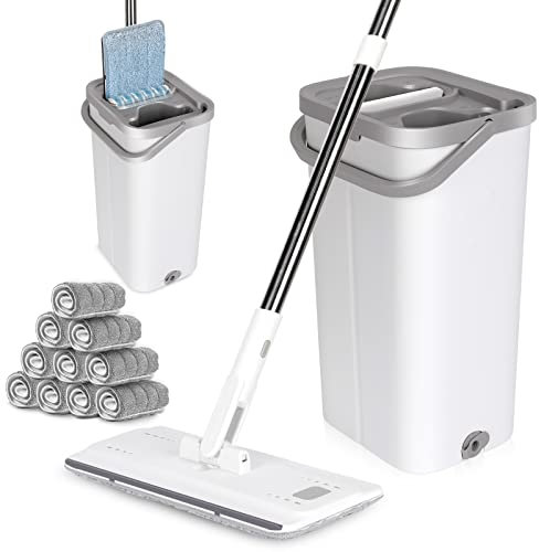 MASTERTOP Mop and Bucket - Hands-Free Floor Cleaner Mops with 5 Reusable Microfibre Mop Pads, 360° Rotating Flat Mops & Wet/Dry Cleaning System for Hardwood, Tile, Marble Floors - White