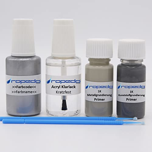 dropedo Lackstift Set passend für BMW YF08 Silbergrau/PERLITGRAU II 20ml + Klarlack 20ml + Metallgrundierung 10ml + Kunststoffgrundierung 10ml