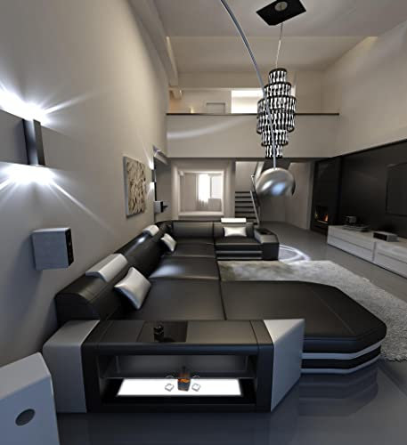Wohnlandschaft Presto Ledersofa U Form Sofa - mit LED Beleuchtung, verstellbare Kopfstützen, Recamiere/Lederfarben wählbar/Ausrichtung wählbar (Ottomane Links, Schwarz-Weiß)