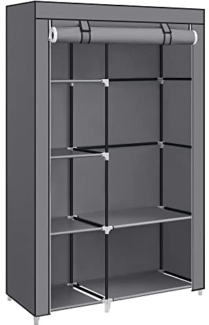 SONGMICS Garderob, med 1 klädstång, 6 hyllor, non-woven tyg, metallram, 45 x 105 x 168 cm, för sovrum, hall, grå RYG085G02