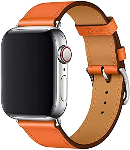 Fleshy Leaf Compatible for Apple Watch Leather Band 49/46/45/44/42mm Genuine Leather Strap Replacement for iWatch Band Series 11, 10, 9, 8, 7, 6, 5, 4, 3, Ultra 2/3, SE (42mm/44mm/45mm, Orange)